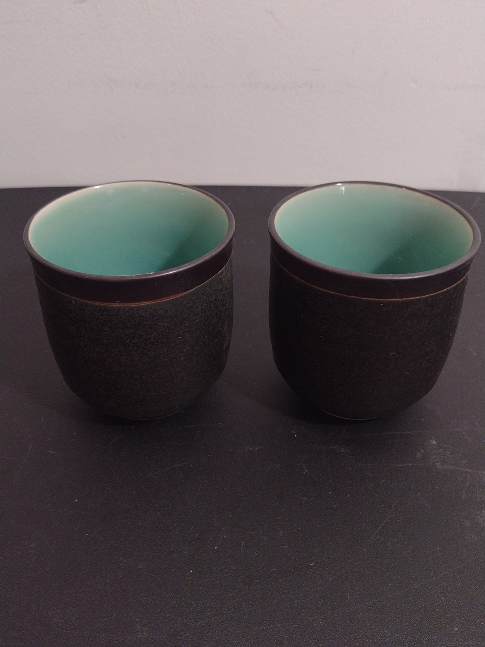 Ceramic Tea Cups - Matte Black Exterior with Aqua Interior (Pair)